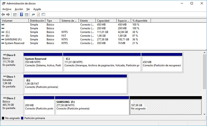 Administración de discos en Windows 10