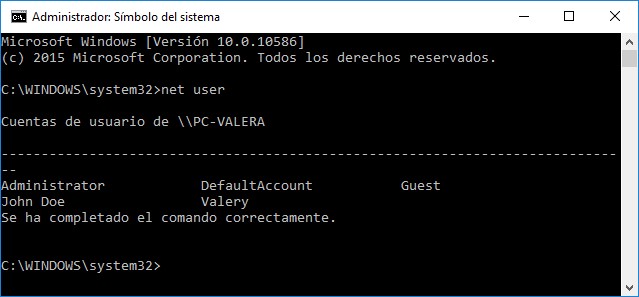 Símbolo del sistema en Windows 10: net user