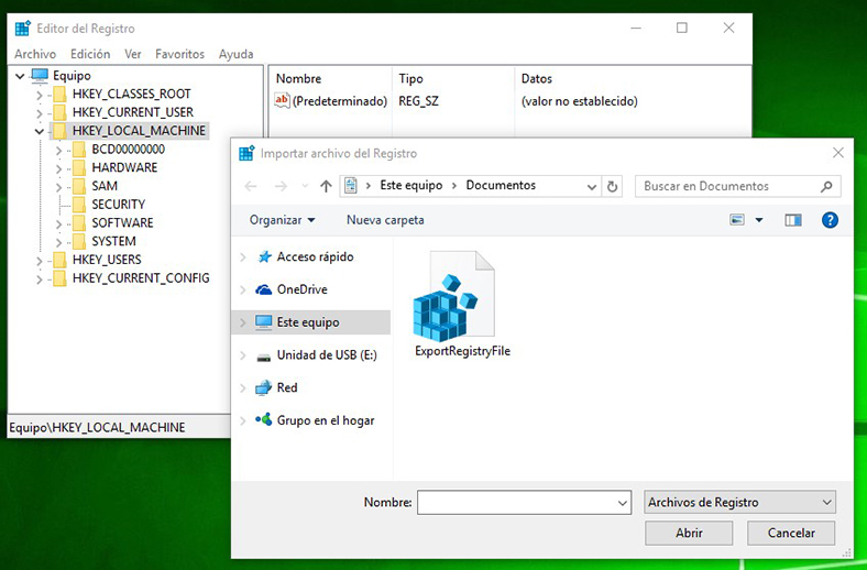 Importar archivo de registro en Windows 10
