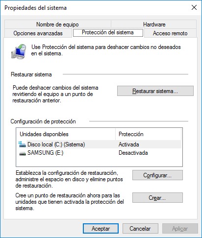 Propiedades del sistema Windows 10