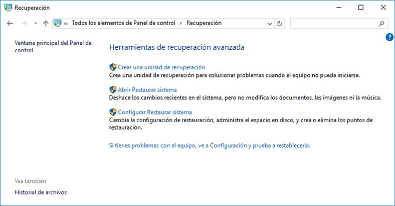 Configurar Restaurar sistema Windows 10