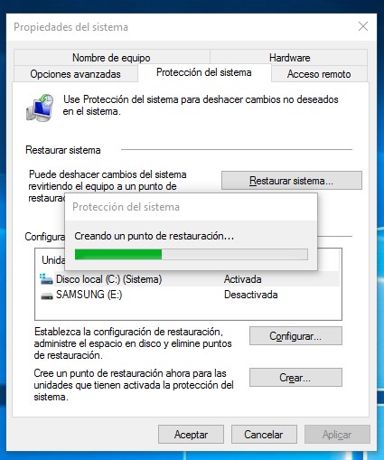 Propiedades de Windows 10 del sistema
