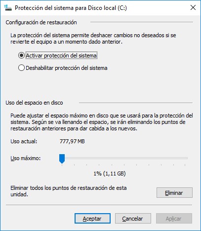 Para eliminar todos los puntos de restauración en Windows 10