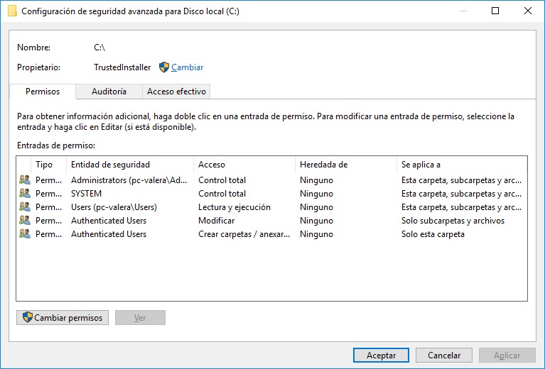 Derechos de acceso al Sistema de Información de volumen de Windows 10 carpeta