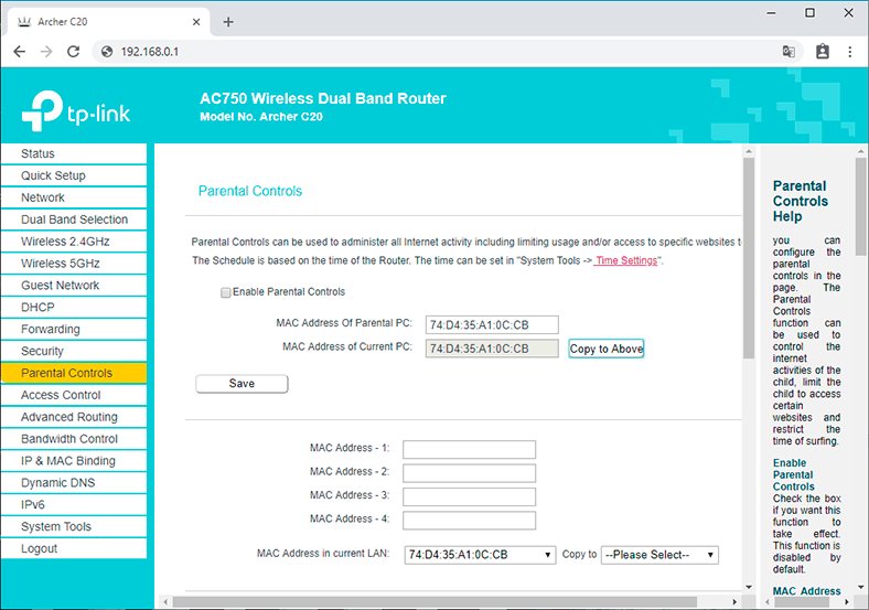 MAC address of Parental PC