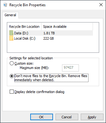 Don’t move files to the Recycle Bin. Remove files immediately when deleted