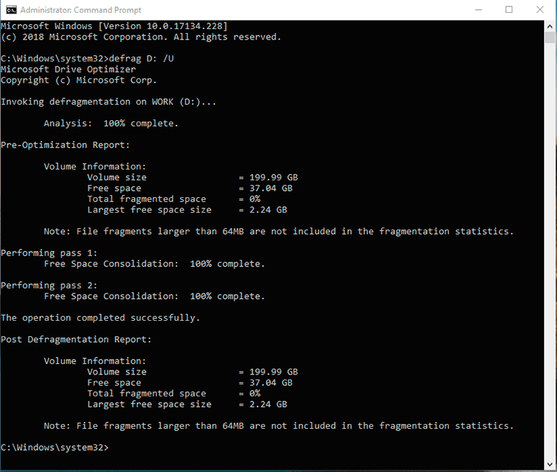 Command Prompt. defrag D: /U