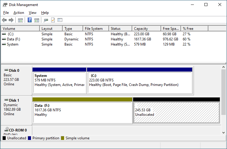 Gestion de disque. Zone non allouée sur un disque