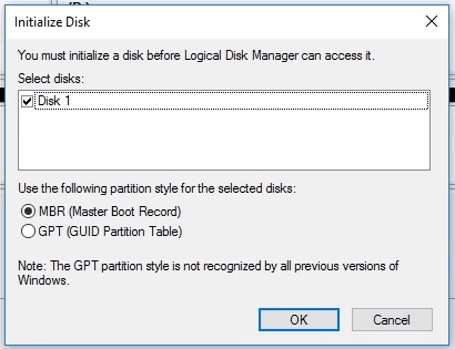 Disk Management. In the Initialize Disk menu, select partition style