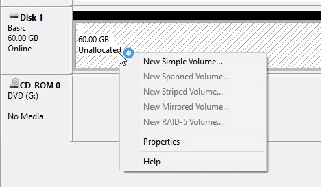 Disk Management. Create New Simple Volume.