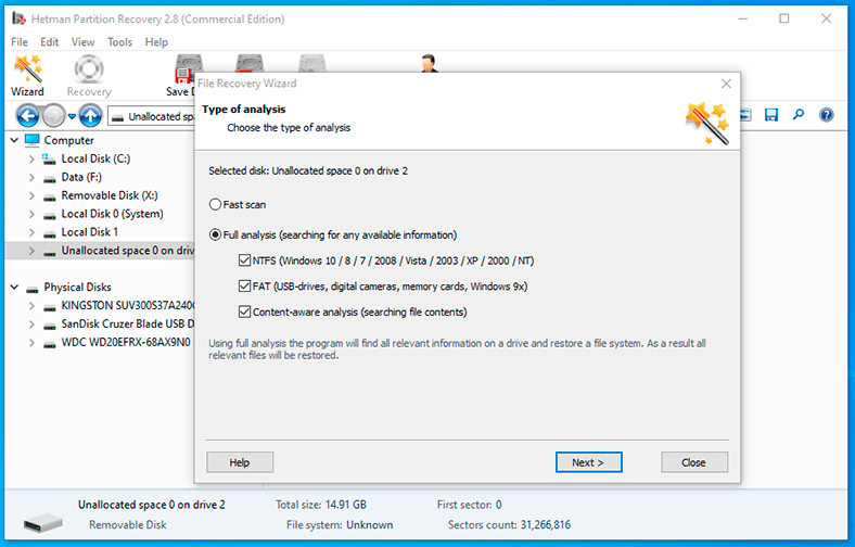 Hetman Partition Recover. إستخدم الفحص الشامل لمسحها بحثًا عن البيانات