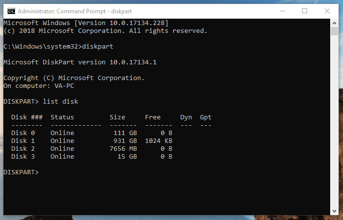 Diskpart / List disk