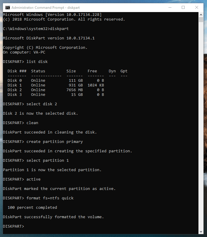 format fs=ntfs quick