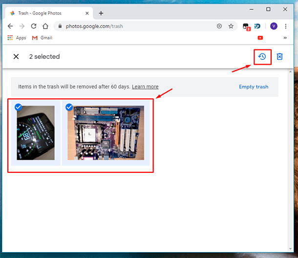 Google Photos. Restore button