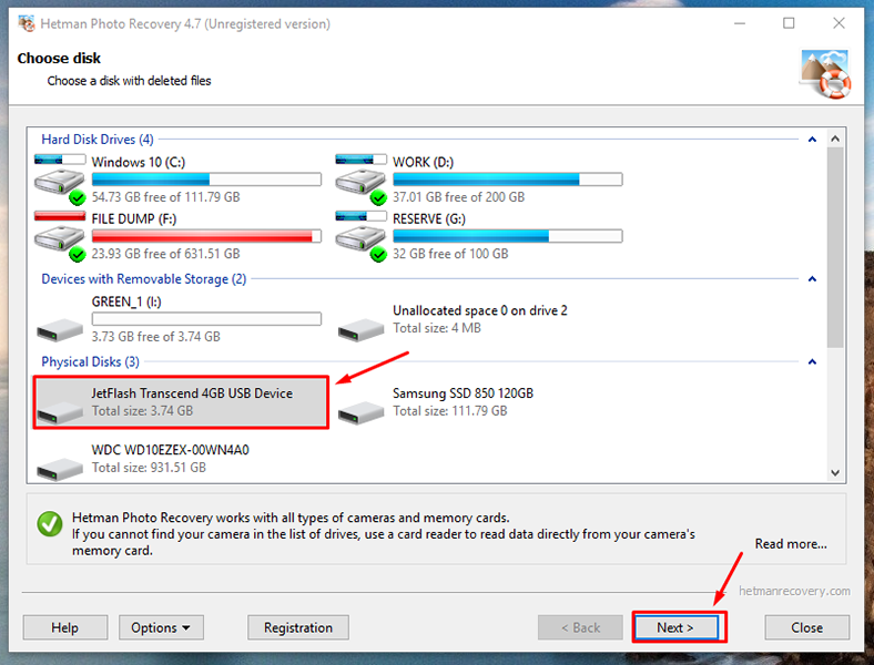 Hetman Photo Recovery. Select a device by left-clicking on it