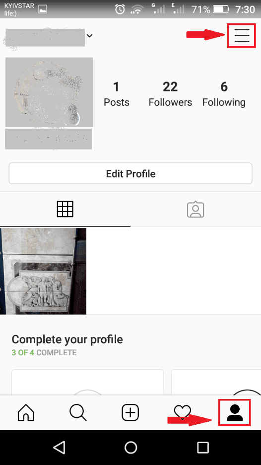 Instagram. Menu button