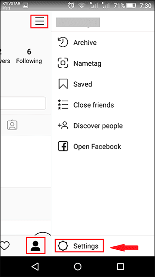 Instagram. Settings