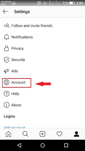 Instagram. Account settings