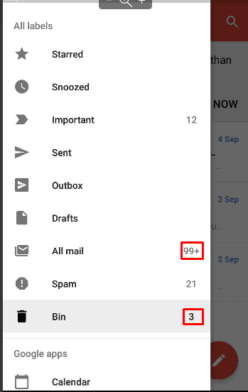 Gmail. Change the number of emails in the folders All mail and Bin 