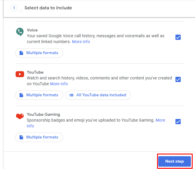 Google Takeout. Scroll to the bottom of the Download your data page and click Next step