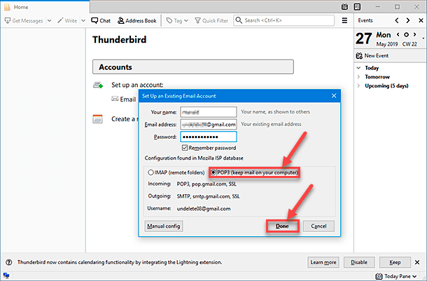 Mozilla Thunderbird will receive the required port addresses automatically
