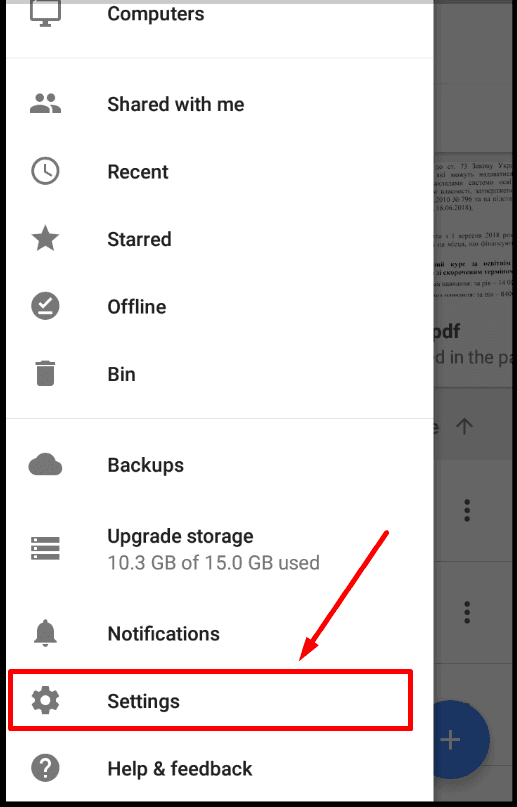 Google Drive App. Settings