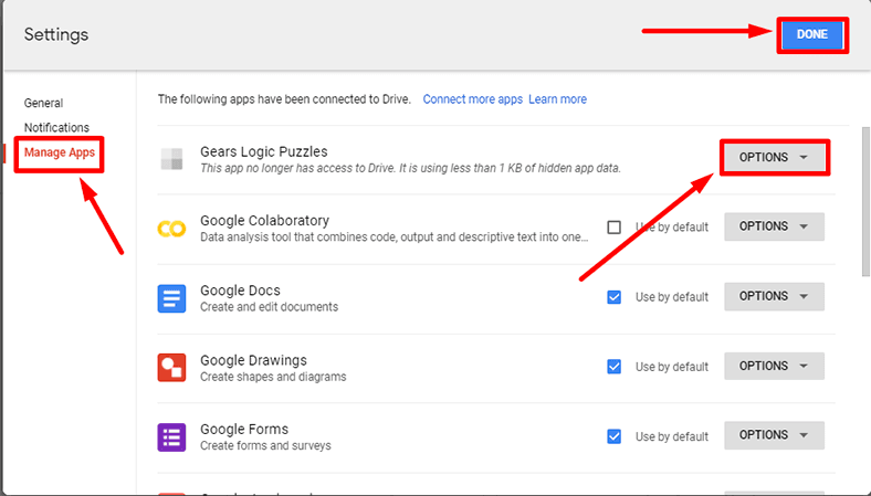 Google Drive. Manage apps
