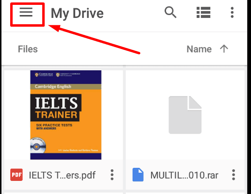 Google Drive App. Menu