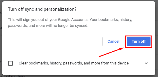 Google Chrome. Confirm your decision to disable syncing