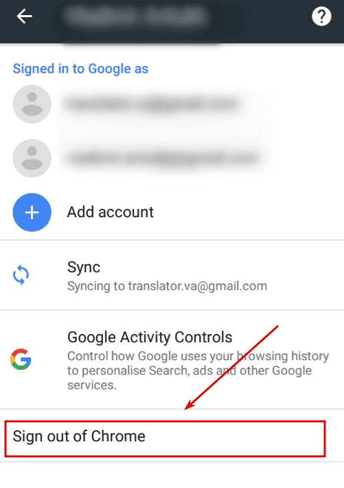Google Chrome App. Sign out of Chrome