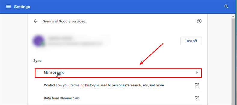 Google Chrome. «Manage sync»