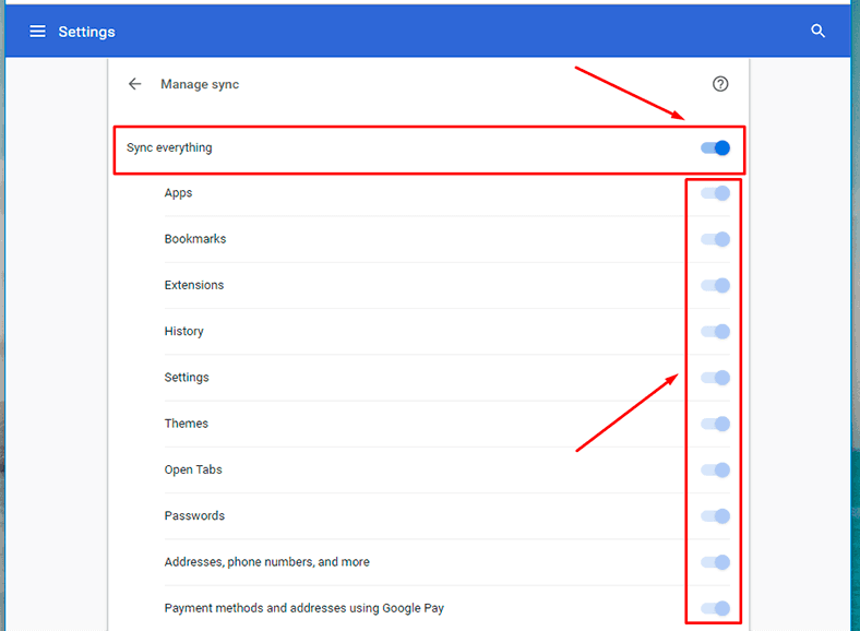 Google Chrome. «Sync everything»