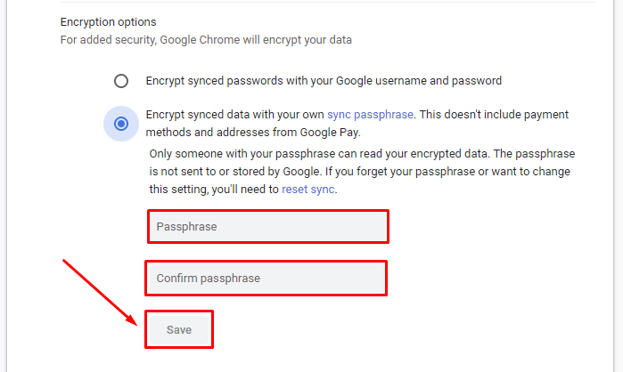 Google Chrome. Encryption options