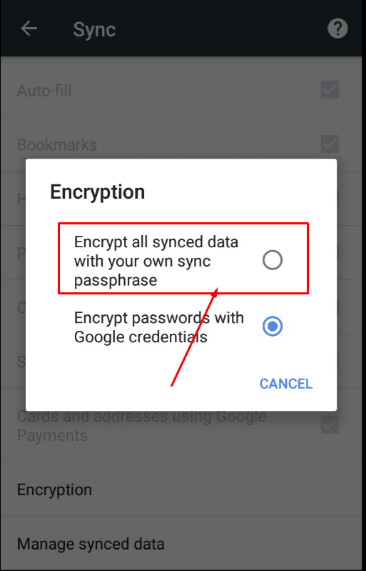 Google Chrome App. «Encrypt all synced data with your own synced passphrase» 