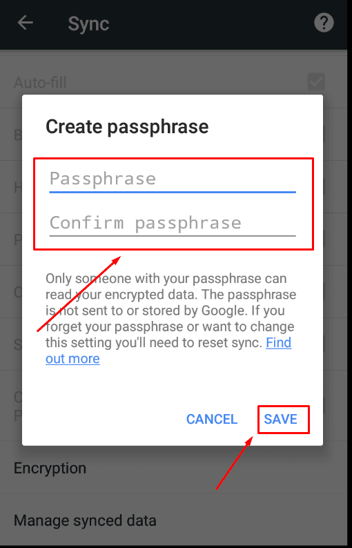 Google Chrome App. Create Passphrase