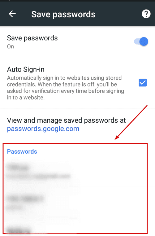 Google Chrome App. The list of saved passphrases