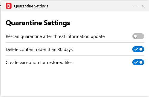 Bitdefender. Quarantine Settings