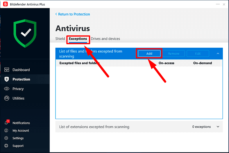 Bitdefender. Exceptions