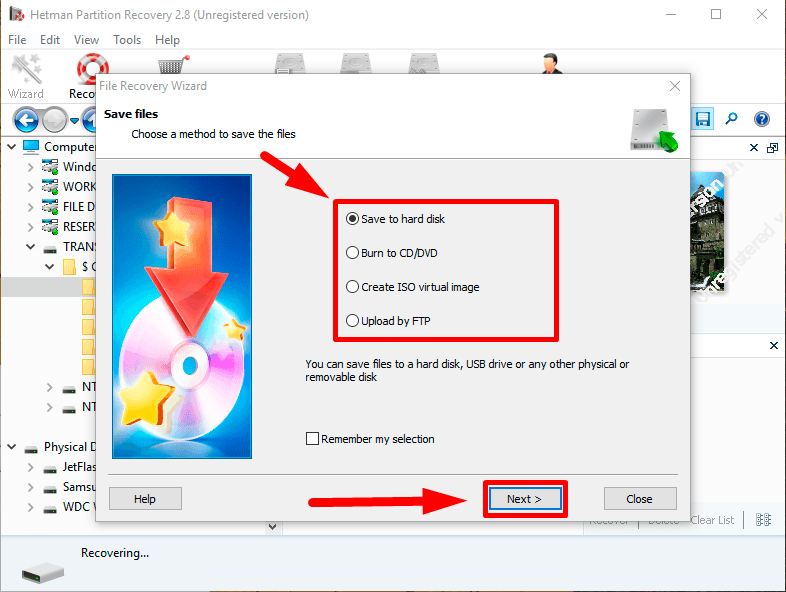 Hetman Partition Recovery. Choose one of the options for saving the files