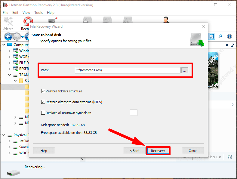 Hetman Partition Recovery. Specify the path to save files