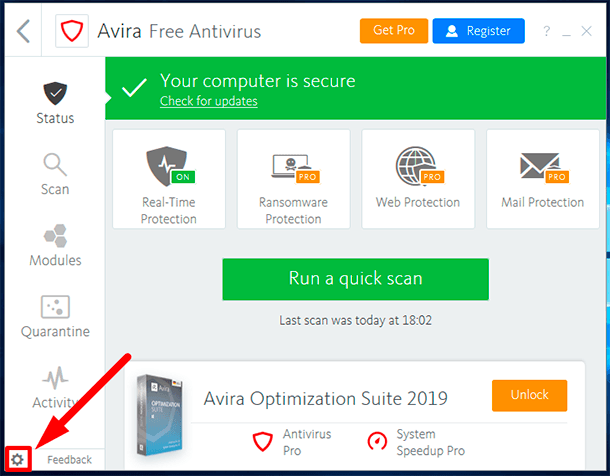 Avira. Settings window 