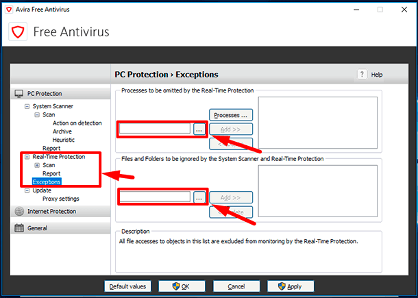 Avira. Choose Real-Time Protection and select the tab Exceptions
