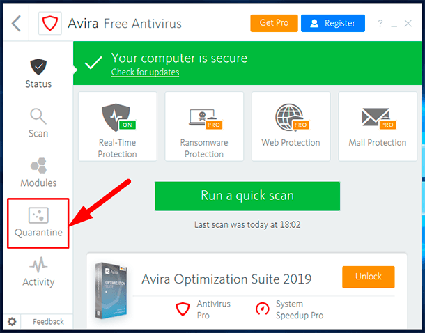 Recover deleted files from the quarantine of an antivirus