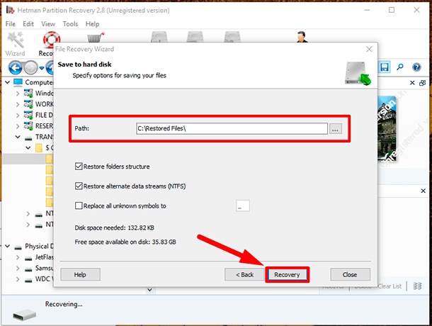 Hetman Partition Recovery. Click Recovery to complete the process.