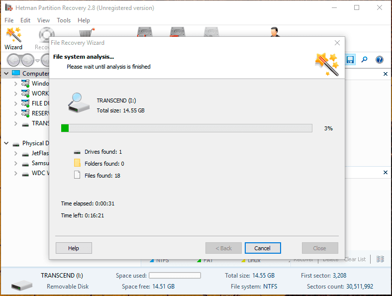 Hetman Partition Recovery. Wait for the analysis to be finished