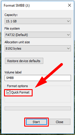 Enable quick format by checking the box for Quick format