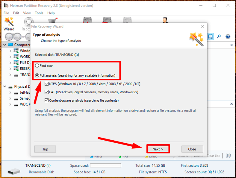 Hetman Partition Recovery lets you choose between the two options, Fast scan and Full analysis.