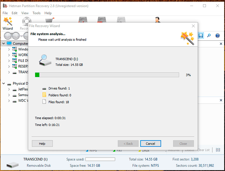 Hetman Partition Recovery. Wait until the selected disk is analyzed