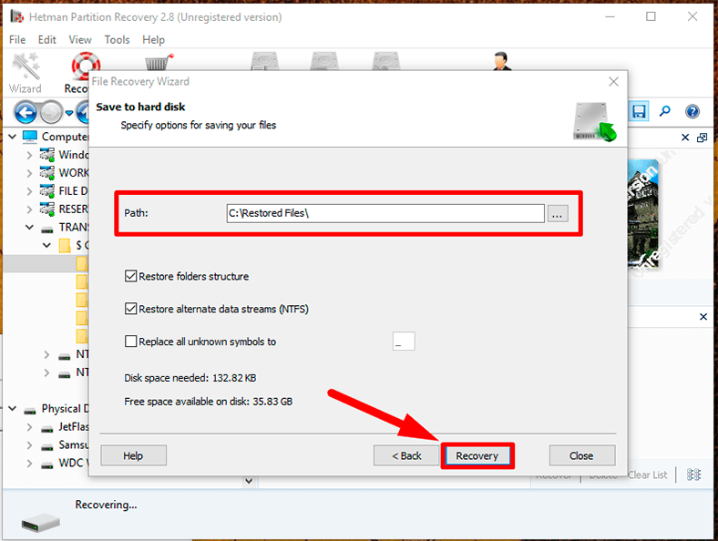 Hetman Partition Recovery. Give the path to save the files and specify several settings depending on the saving method you have chosen.