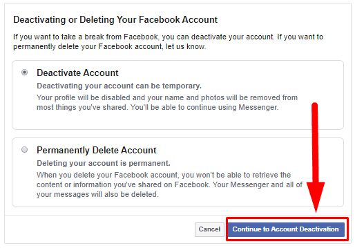 Facebook. Deactivate account